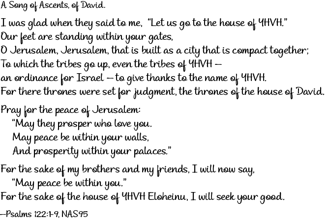 A Song of Ascents, of David. I was glad when they said to me, “Let us go to the house of YHVH.” Our feet are standing within your gates, O Jerusalem, Jerusalem, that is built as a city that is compact together; To which the tribes go up, even the tribes of YHVH — an ordinance for Israel — to give thanks to the name of YHVH. For there thrones were set for judgment, the thrones of the house of David. Pray for the peace of Jerusalem: “May they prosper who love you. May peace be within your walls, And prosperity within your palaces.” For the sake of my brothers and my friends, I will now say, “May peace be within you.” For the sake of the house of YHVH Eloheinu, I will seek your good. —Psalms 122:1-9, NAS95 